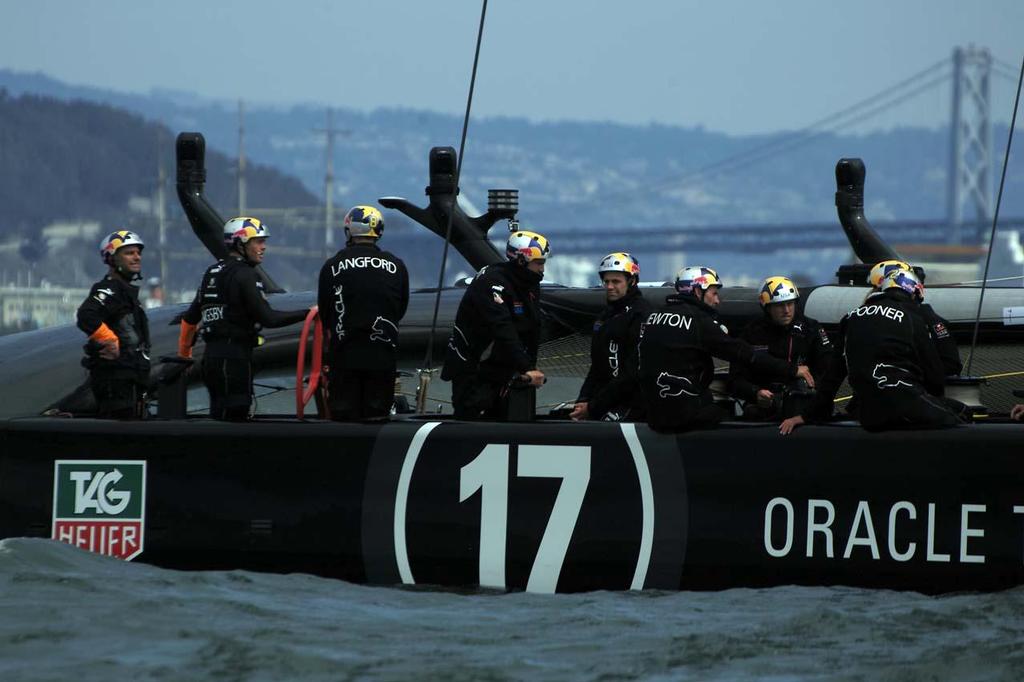 Close up of Oracle Team USA on day 3 during race 5 of the 34th America's Cup photo copyright Chuck Lantz http://www.ChuckLantz.com taken at  and featuring the  class