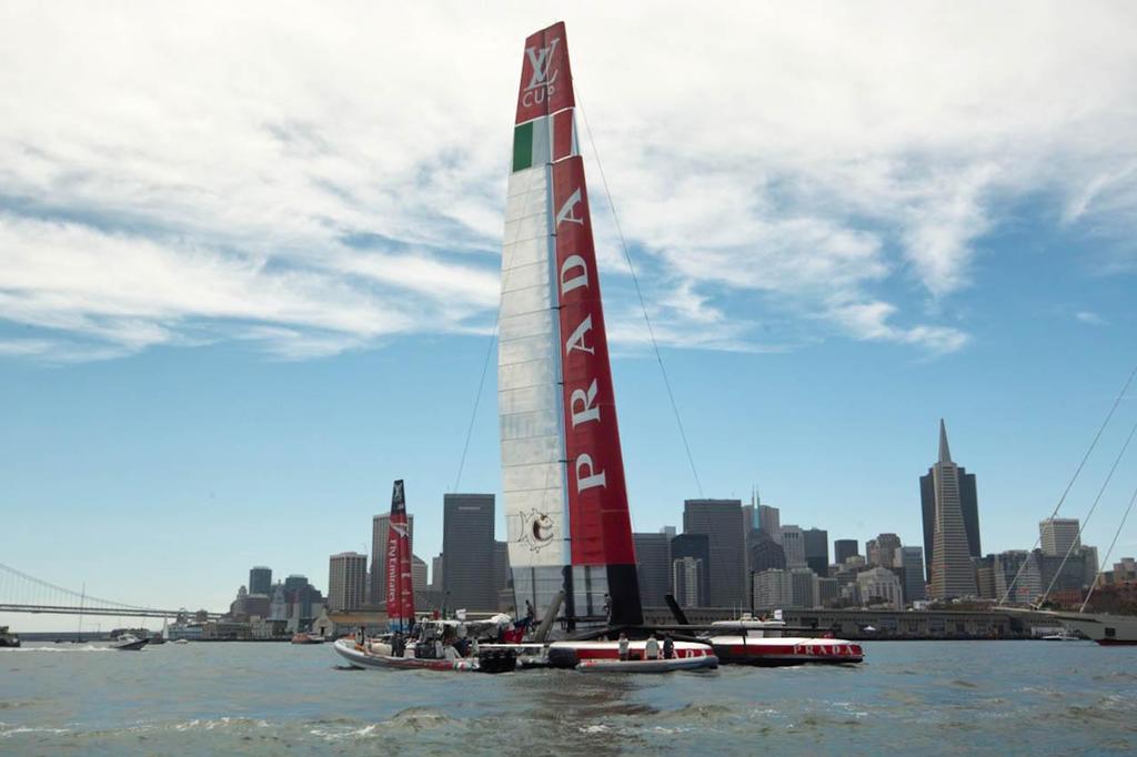 Luna Rossa and Emirates Team New Zealand, pre-race next to the AC Village. - America’s Cup © Chuck Lantz http://www.ChuckLantz.com