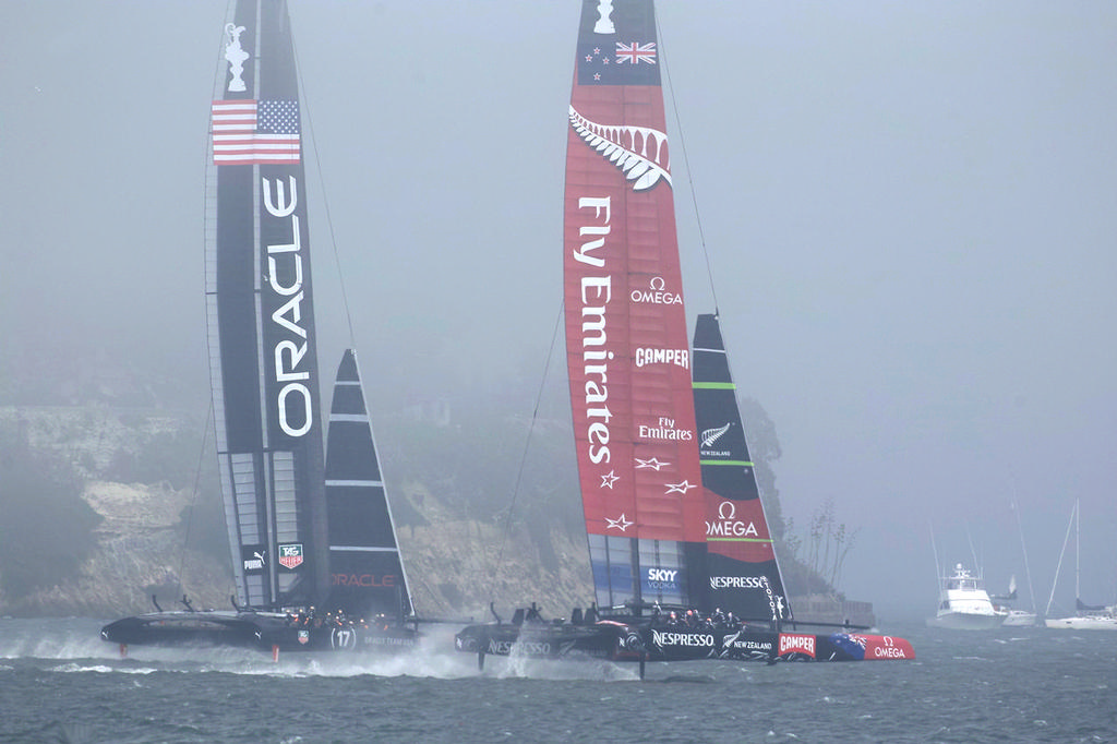 ... before Emirates TNZ shows their superior speed and easily flies by. - America’s Cup © Chuck Lantz http://www.ChuckLantz.com