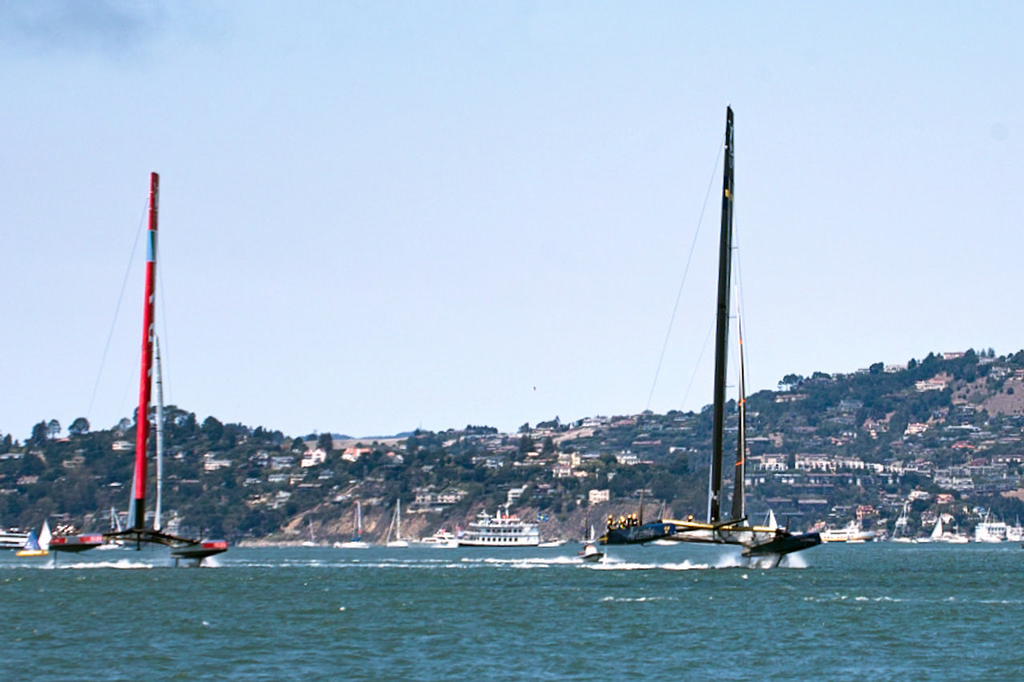 Luna Rossa and Artemis hit the start line, with the Swedish boat in front - America's Cup photo copyright Chuck Lantz http://www.ChuckLantz.com taken at  and featuring the  class