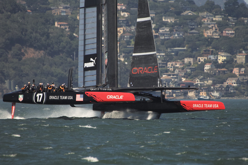 Within little more than a boat length, Oracle leaps onto her foils. - America’s Cup © Chuck Lantz http://www.ChuckLantz.com