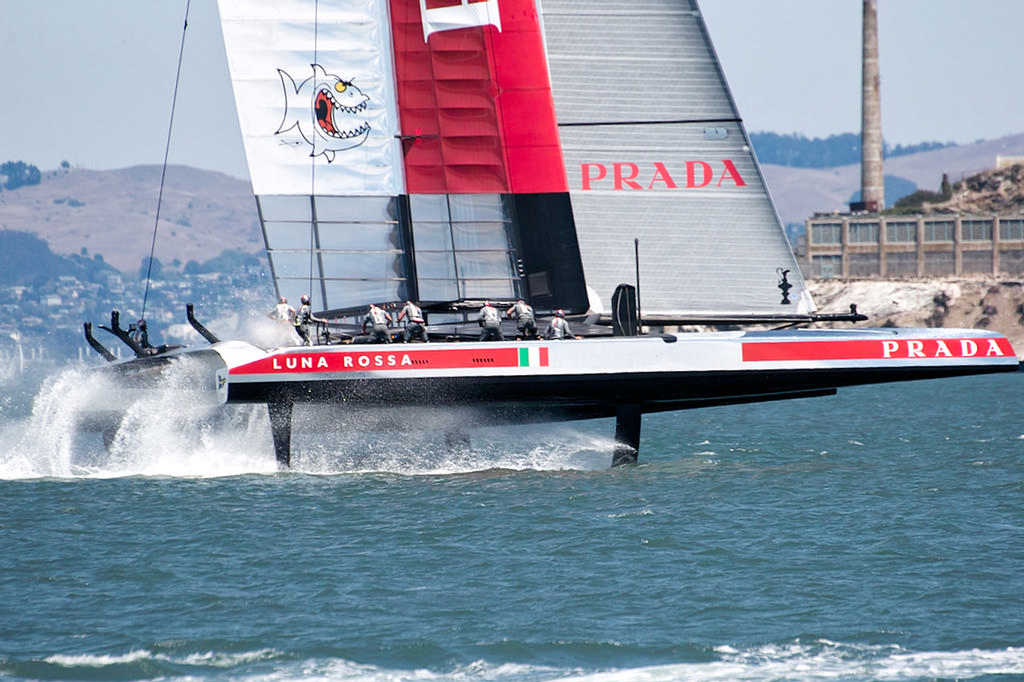 Luna Rossa looking stable and fast as they get ready to gybe towards Alcatraz. - America’s Cup © Chuck Lantz http://www.ChuckLantz.com