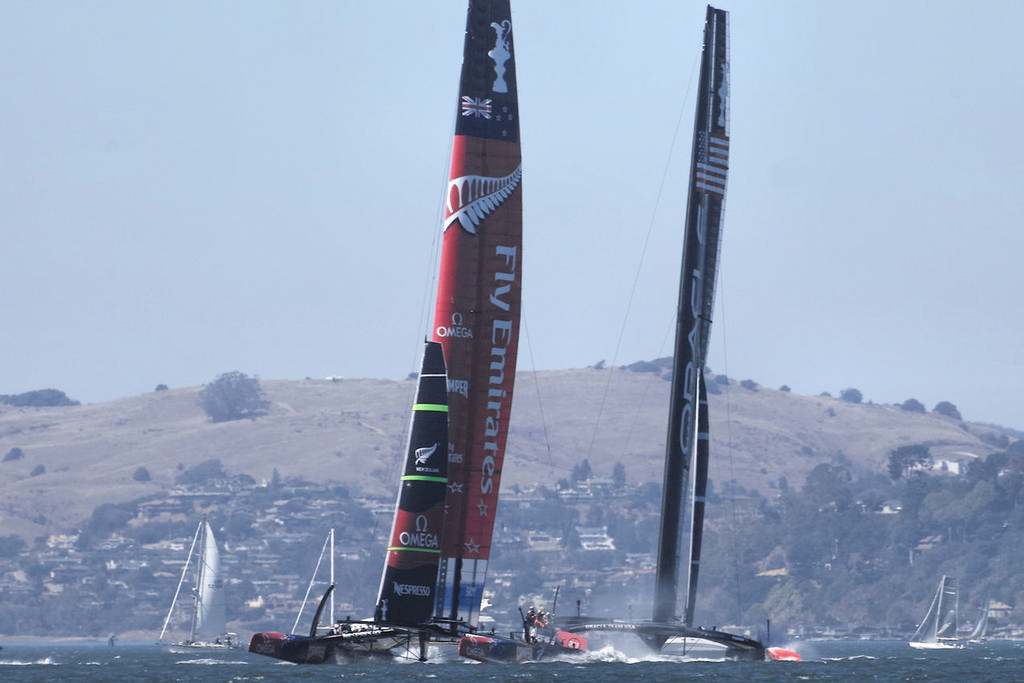 At the starting gun, ETNZ and Oracle hit the line.  - America’s Cup © Chuck Lantz http://www.ChuckLantz.com