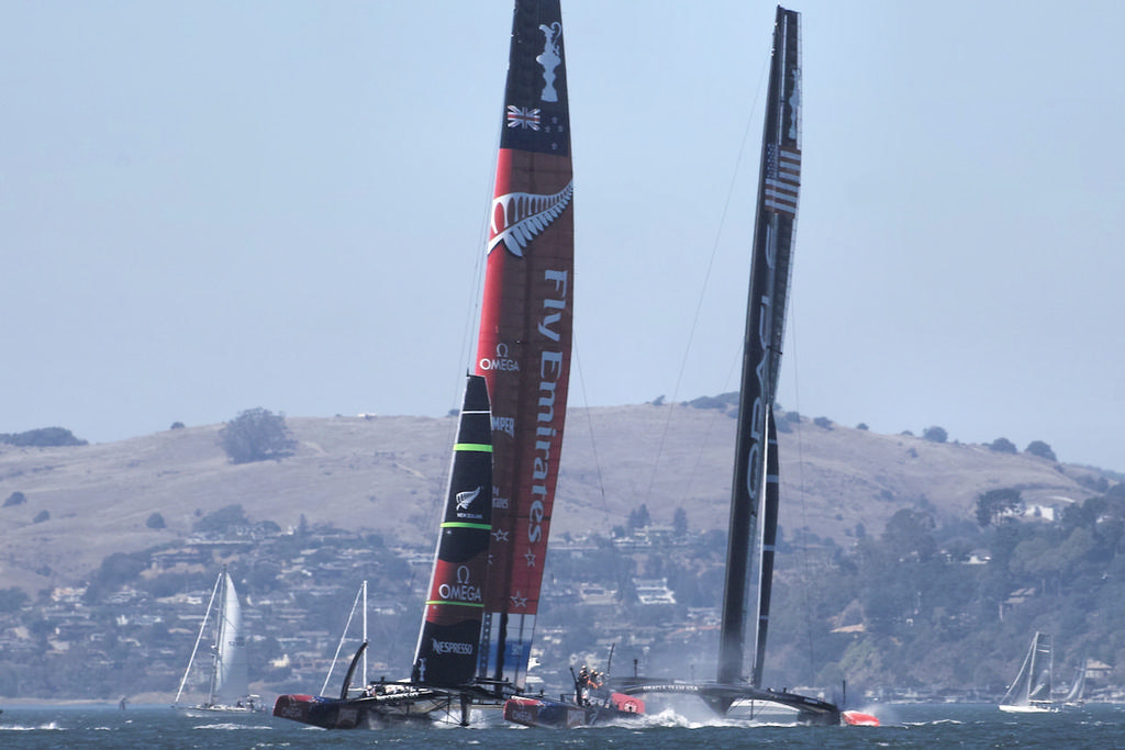 At the starting gun, ETNZ and Oracle hit the line.  - America's Cup photo copyright Chuck Lantz http://www.ChuckLantz.com taken at  and featuring the  class