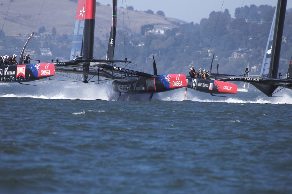 Emirates TNZ moves ahead of Oracle at the start. - America’s Cup © Chuck Lantz http://www.ChuckLantz.com