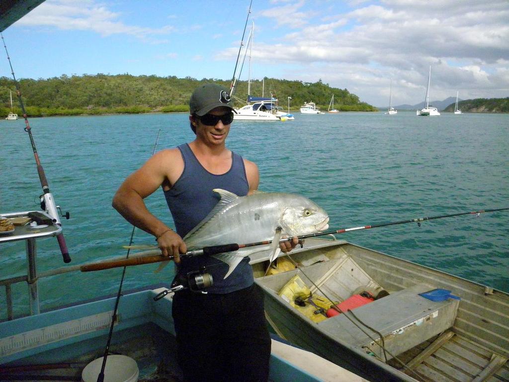 Outer Newry has plenty of sheltered water and is a great place to drop a line.  Aaron Marslen is picture here with a nice golden trevally. photo copyright Lee Brake taken at  and featuring the  class