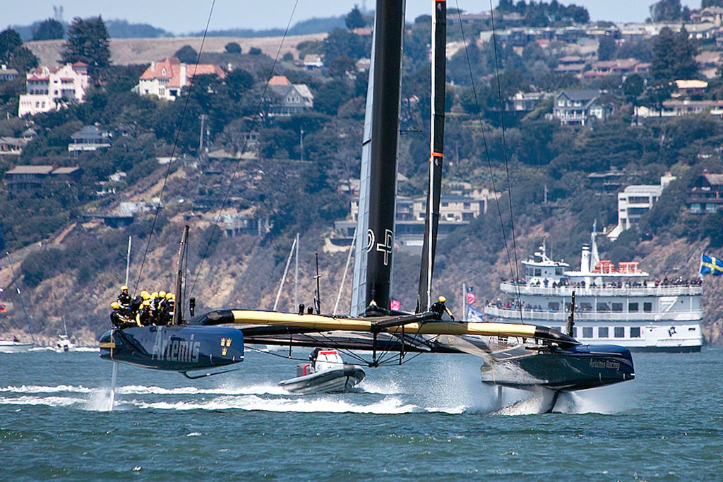 Artemis on the foils, heading to the first mark - 2013 Louis Vuitton Cup Semi-Finals photo copyright Chuck Lantz http://www.ChuckLantz.com taken at  and featuring the  class