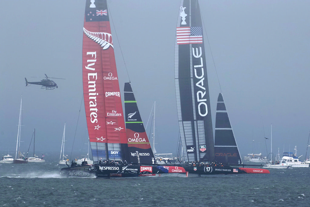 Oracle enjoys a brief lead ...  - America's Cup photo copyright Chuck Lantz http://www.ChuckLantz.com taken at  and featuring the  class