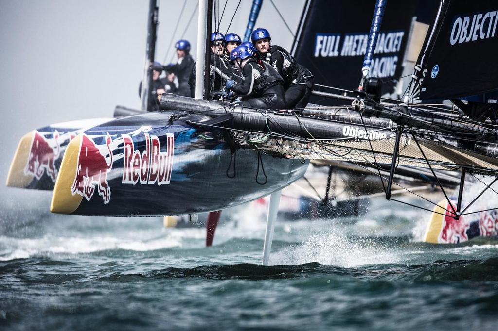 Team members of Objective Australia perform during the speed trial of the Red Bull Youth Americaâ€™s Cup in San Francisco, California on August 31, 2013. © Balazs Gardi / Red Bull Content Pool