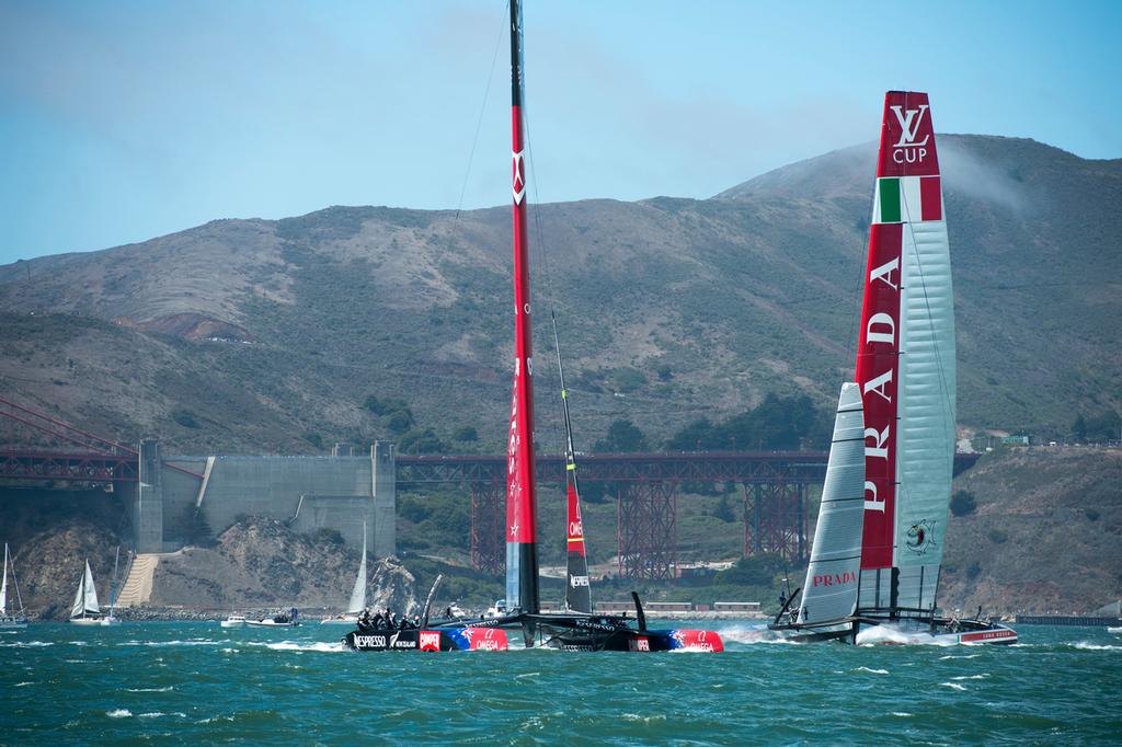 Emirates Team New Zealand and Luna Rossa Challenge start their first race of the Louis Vuitton Cup finals.17/8/2013 photo copyright Chris Cameron/ETNZ http://www.chriscameron.co.nz taken at  and featuring the  class