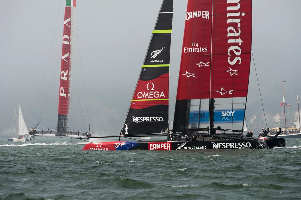 Emirates Team New Zealand and Luna Rossa Challenge come together in the start box for the start of race two of the Louis Vuitton Cup final. 18/8/2013 photo copyright Chris Cameron/ETNZ http://www.chriscameron.co.nz taken at  and featuring the  class