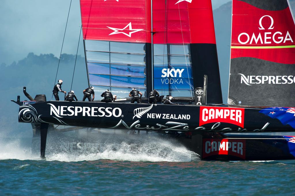 Emirates Team New Zealand's AC72, NZL5 runs race drills with Luna Rossa in their build up to meet Oracle Racing in the America's Cup. 30/8/2013. photo copyright Chris Cameron/ETNZ http://www.chriscameron.co.nz taken at  and featuring the  class