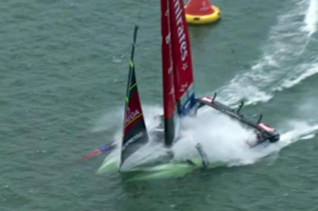 Emirates Team NZ dives deep on the penultimate leg of the Louis Vuitton Cup Final - Race 1 © SW