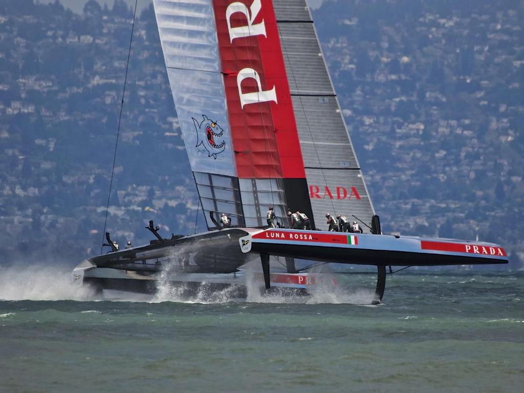 Luna Rossa prepares for a gybe while training in San Francisco Saturday August 4, 2013 photo copyright Chuck Lantz http://www.ChuckLantz.com taken at  and featuring the  class