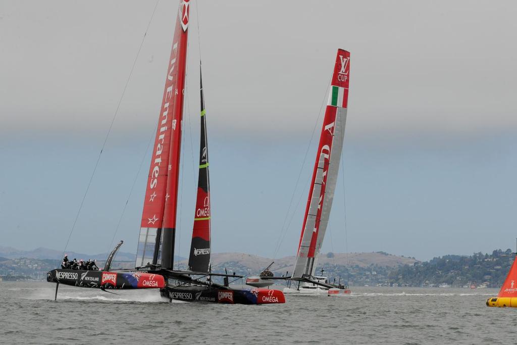 Approaching the reach mark Emirates Team New Zealand is ahead of Luna Rossa in race 6 of the Louis Vuitton Cup Final, August 23, 2013 in San Francisco California. photo copyright  SW taken at  and featuring the  class