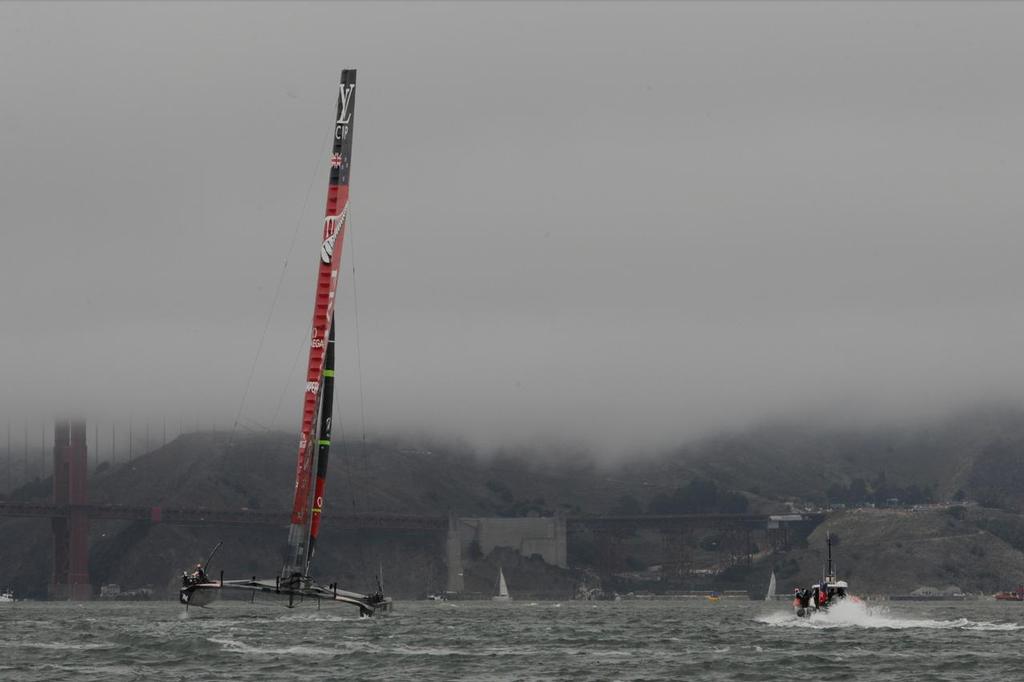 Emirates Team New Zealand heads toward the windward mark in match race 6 of the Louis Vuitton Cup finale on August 23, 2013 in San Francisco California.  ©  SW
