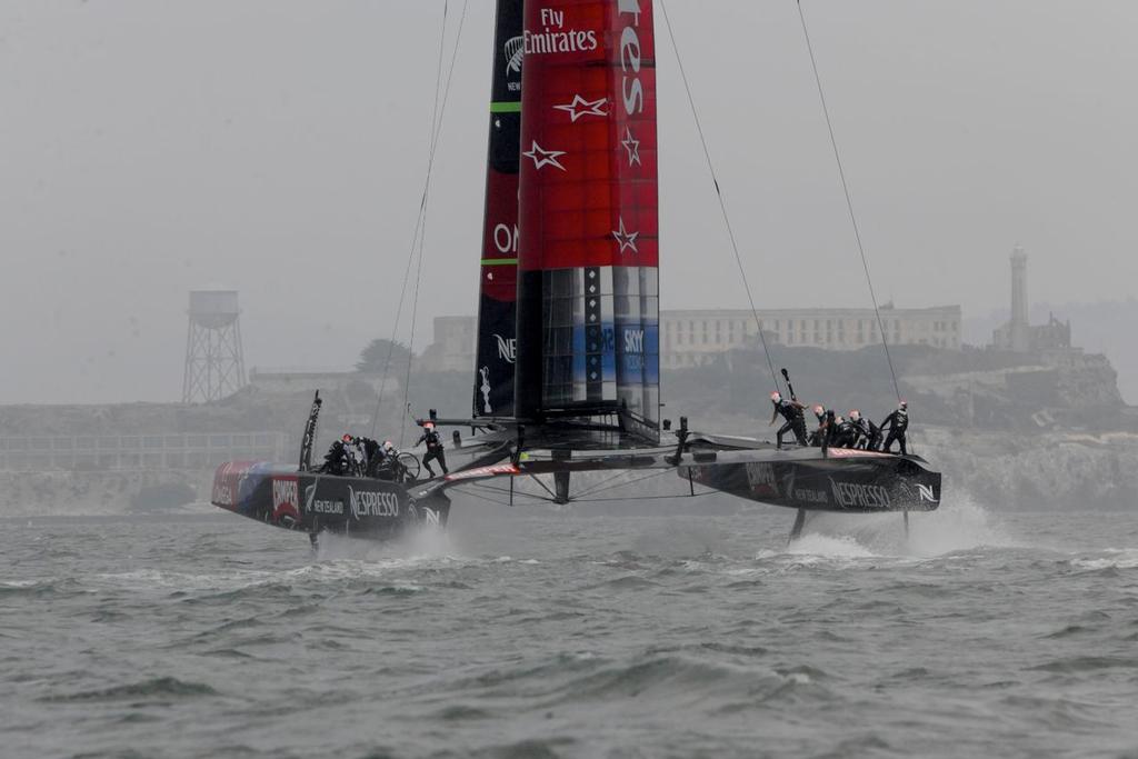 Before the trouble starts, Team New Zealand is in first place for Race 2 at the Louis Vuitton Final on August 18, 2013 in San Francisco, California.  ©  SW