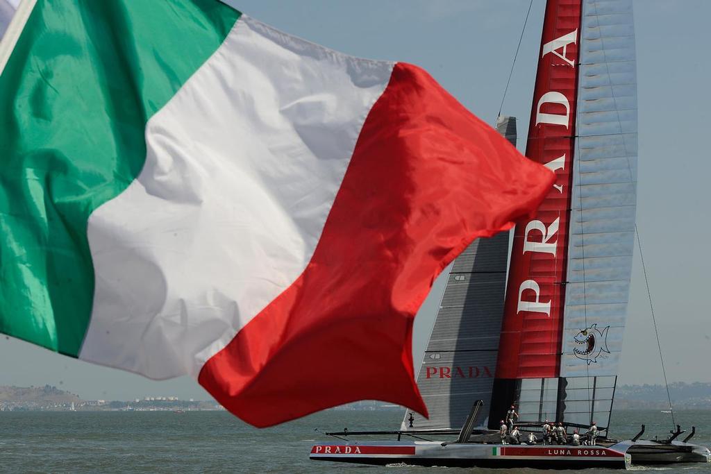 Luna Rossa before the racing starts on August 21, 2013 at the Louis Vuitton Cup on August 21, 2013 in SF California. photo copyright  SW taken at  and featuring the  class