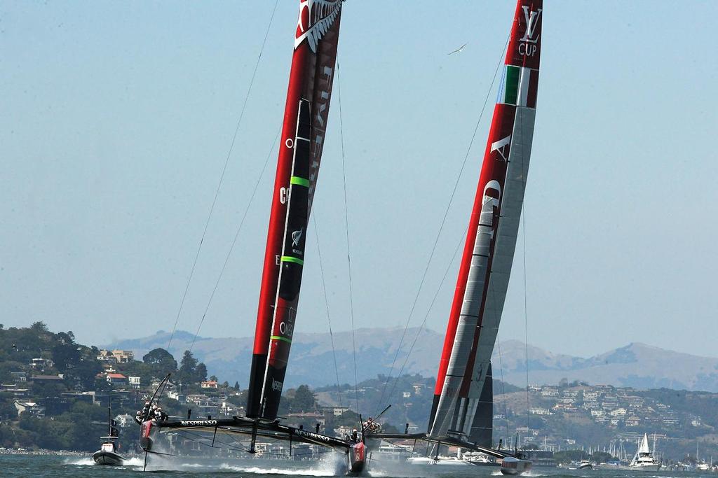 And they are off! The start of the 4th  Match Race at the Louis Vuitton Cup in San Francisco California on August 21, 2013. photo copyright  SW taken at  and featuring the  class