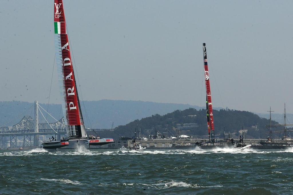 Both boats head toward leeward in the fourth match race of the Louis Vuitton Cup on August 21, 2013 in San Francisco California. ©  SW