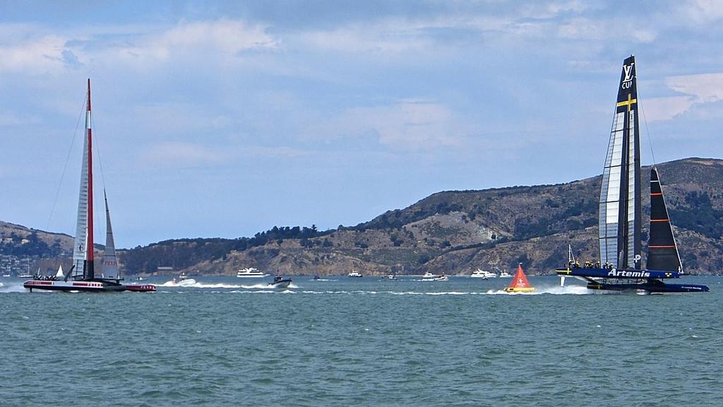 Artemis Racing leads Luna Rossa at the first mark, Semi-Final, Louis Vuitton Cup, San Francisco August 7, 2013 photo copyright John Navas  taken at  and featuring the  class