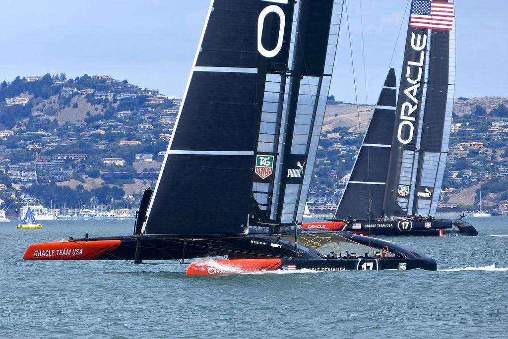 Oracle Team USA out training ahead of the first Semi-Final, Louis Vuitton Cup, San Francisco August 7, 2013 photo copyright John Navas  taken at  and featuring the  class