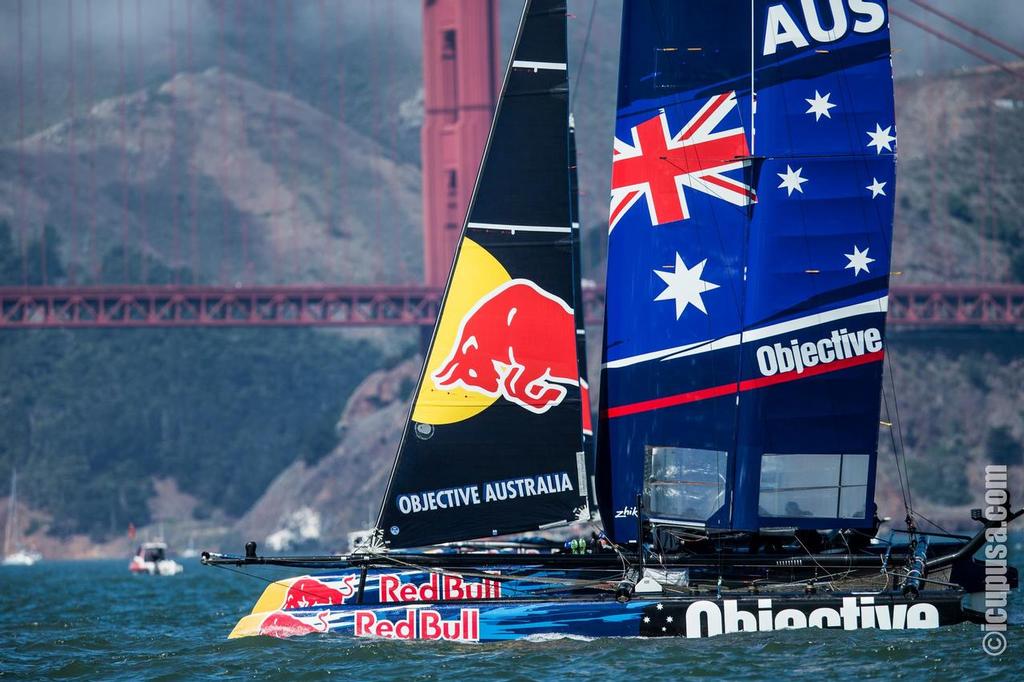 Objective Australia at the bridge in the 2013 Red Bull Youth America’s Cup © John Mangino http://www.icupusa.com/
