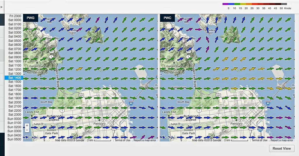  Wind map for September 7, 2013 San Francisco at 14000hrs - Race 2 photo copyright PredictWind.com www.predictwind.com taken at  and featuring the  class