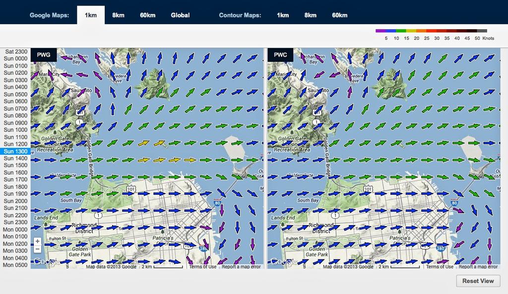 Wind map for September 8, 2013 San Francisco at 1315hrs - Start of Race 4 photo copyright PredictWind.com www.predictwind.com taken at  and featuring the  class