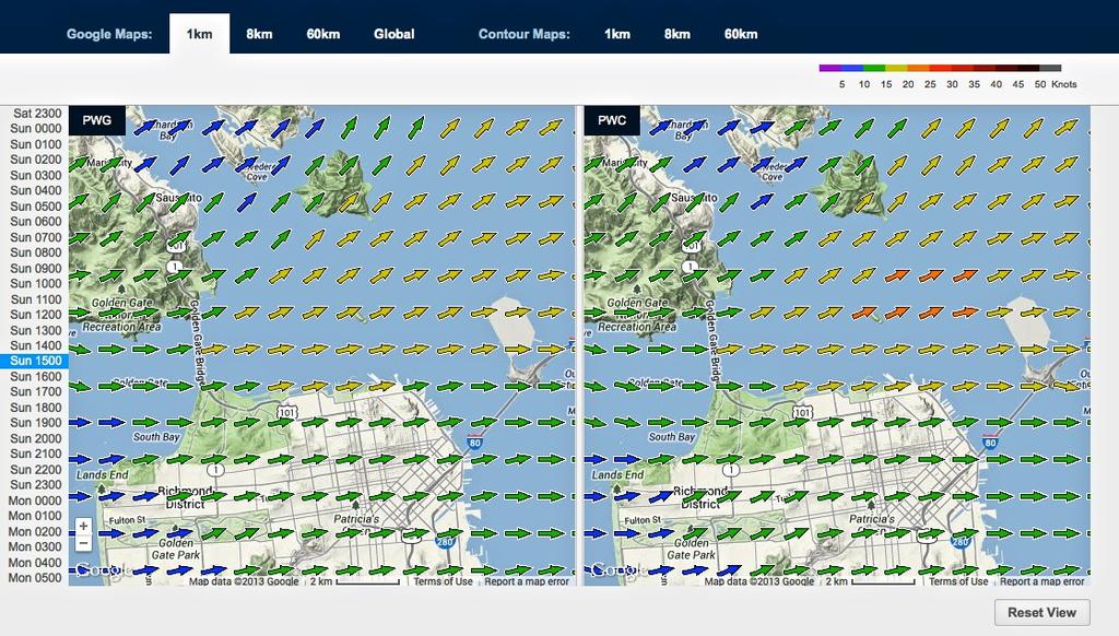 Wind map for September 8, 2013 San Francisco at 1500hrs - Start of 18fters photo copyright PredictWind.com www.predictwind.com taken at  and featuring the  class