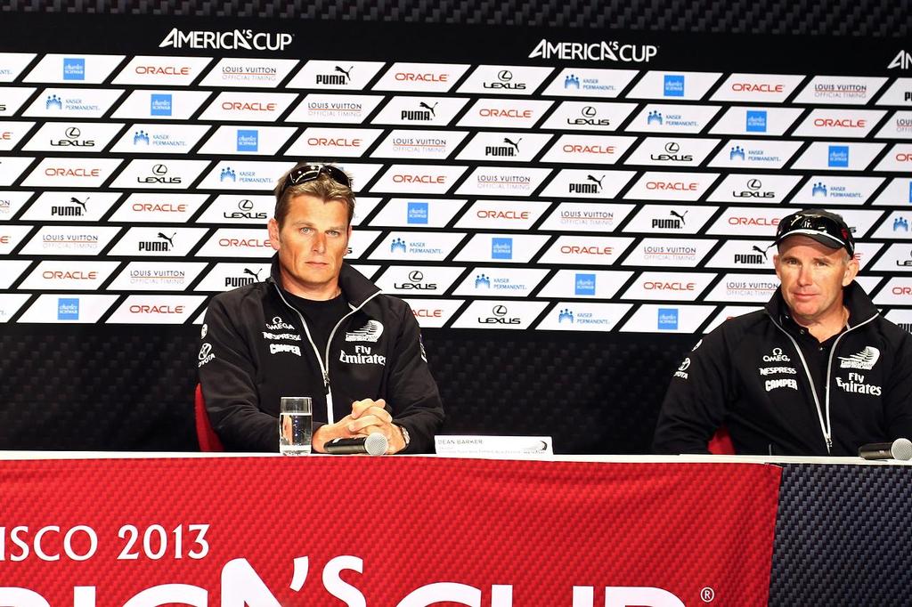 Oracle Team USA v Emirates Team New Zealand. America's Cup Day 3, San Francisco. Emirates Team NZ 's skipper Dean Barker and Tactician Ray Davies listen as Oracle Team USA crew cop a grilling from the Media at the Media Conference following Race 5 photo copyright Richard Gladwell www.photosport.co.nz taken at  and featuring the  class