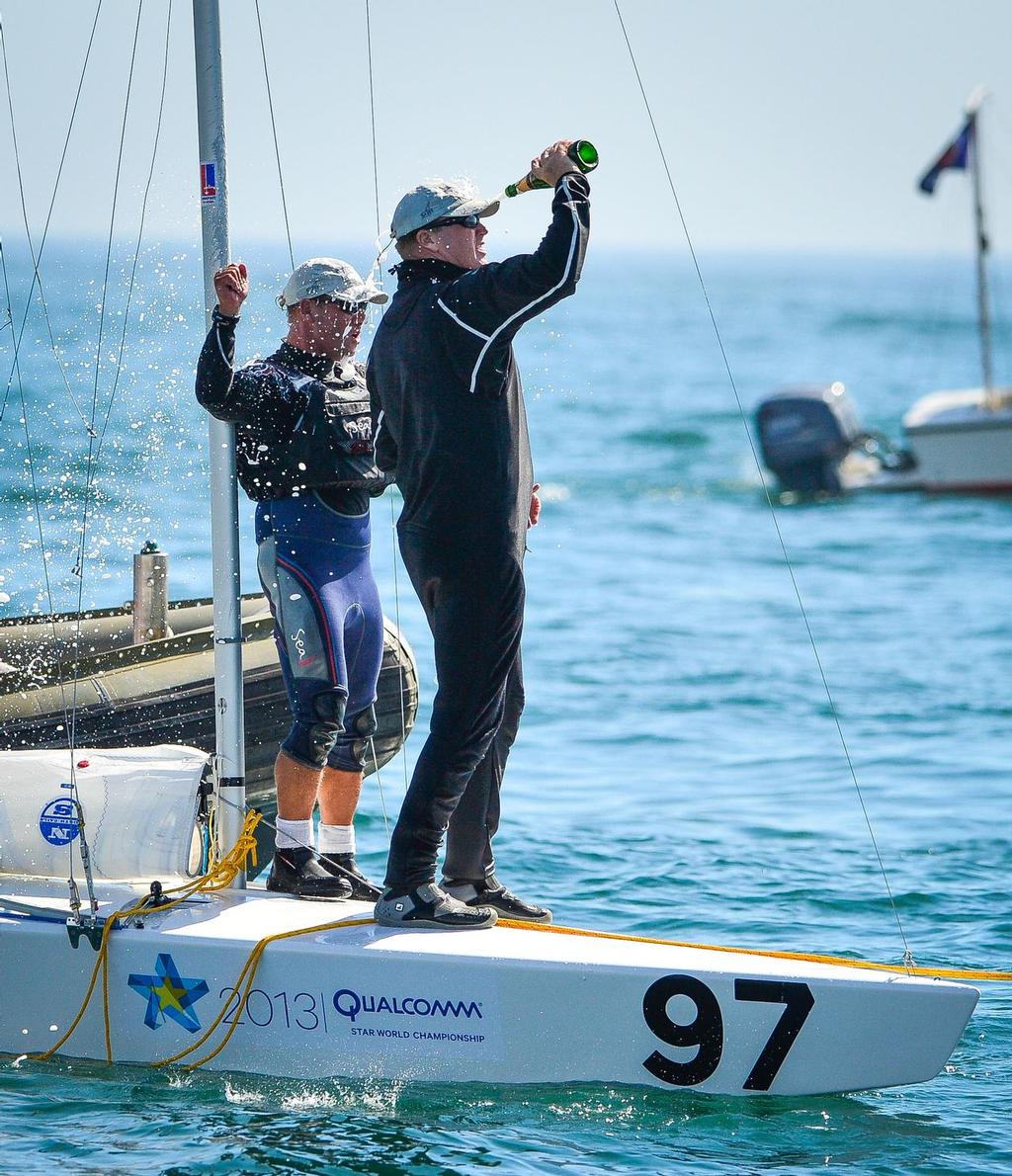 John MacCausland and Phil Trinter celebrate at the 2013 Qualcomm Star World Championship,San Diego Yacht Club - Day 6
 photo copyright  Marc Rouiller/StarWorlds2013 taken at  and featuring the  class