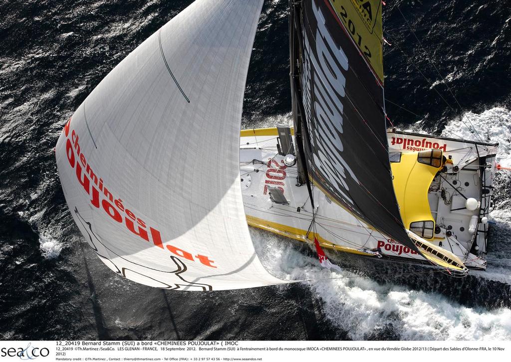 LES GLENAN - FRANCE,   18 Septembre  2012.   Bernard Stamm (SUI)  Ã  l'entrainement Ã  bord du monocoque IMOCA ``CHEMINEES POUJOULAT`` , en vue du VendÃ©e Globe 2012/13 ( DÃ©part des Sables d'Olonne-FRA, le 10 Nov 2012) photo copyright ThMartinez/Sea&Co http://www.thmartinez.com taken at  and featuring the  class