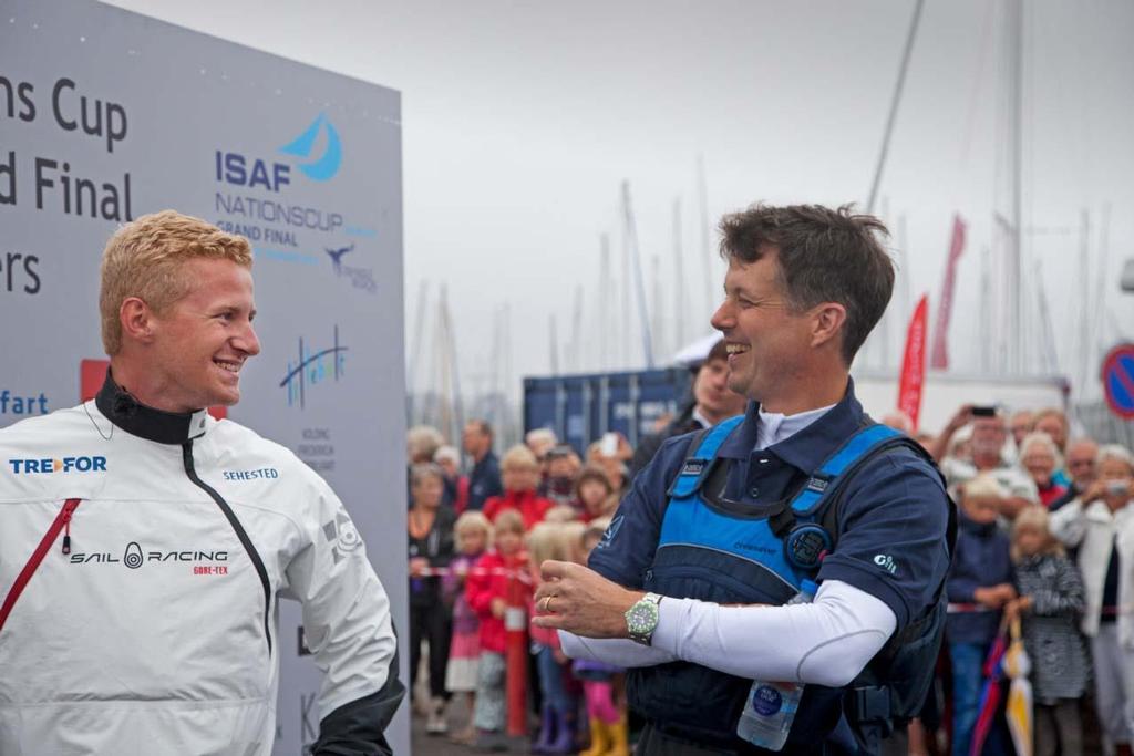 Crown Prince Frederik of Denmark and Nicolai Sehested share a joke after their match.  ISAF Nations Cup Grand Final 2013 photo copyright Seaclear Communications http://www.seaclearcommunications.com/ taken at  and featuring the  class