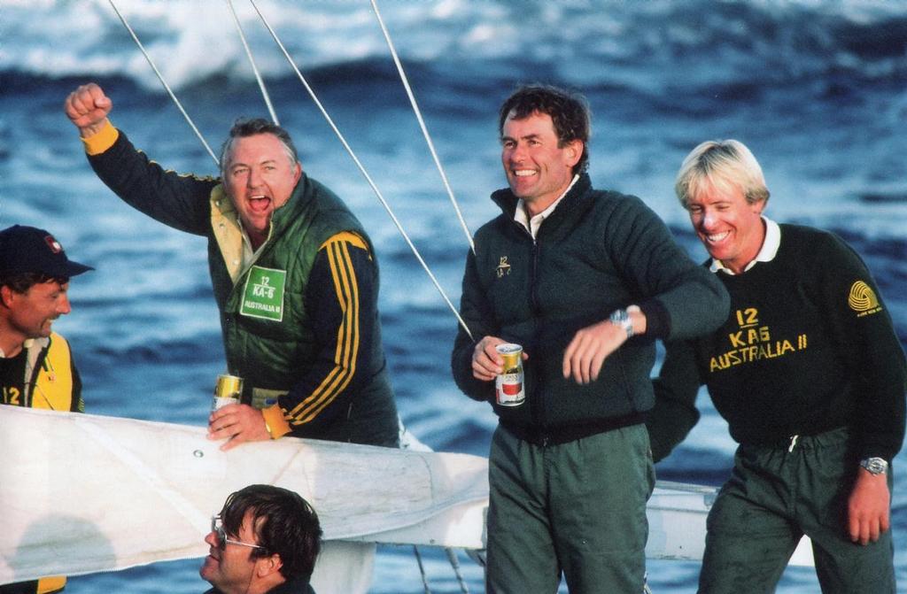 Alan Bond punches the air after Australia II wins.From left to right, John Bertrand, Alan Bond, Ben Lexcen (bottom), Hugh Treharne and Damien Frewster photo copyright Maritime Productions LLC http://www.maritimeproductions.tv/ taken at  and featuring the  class