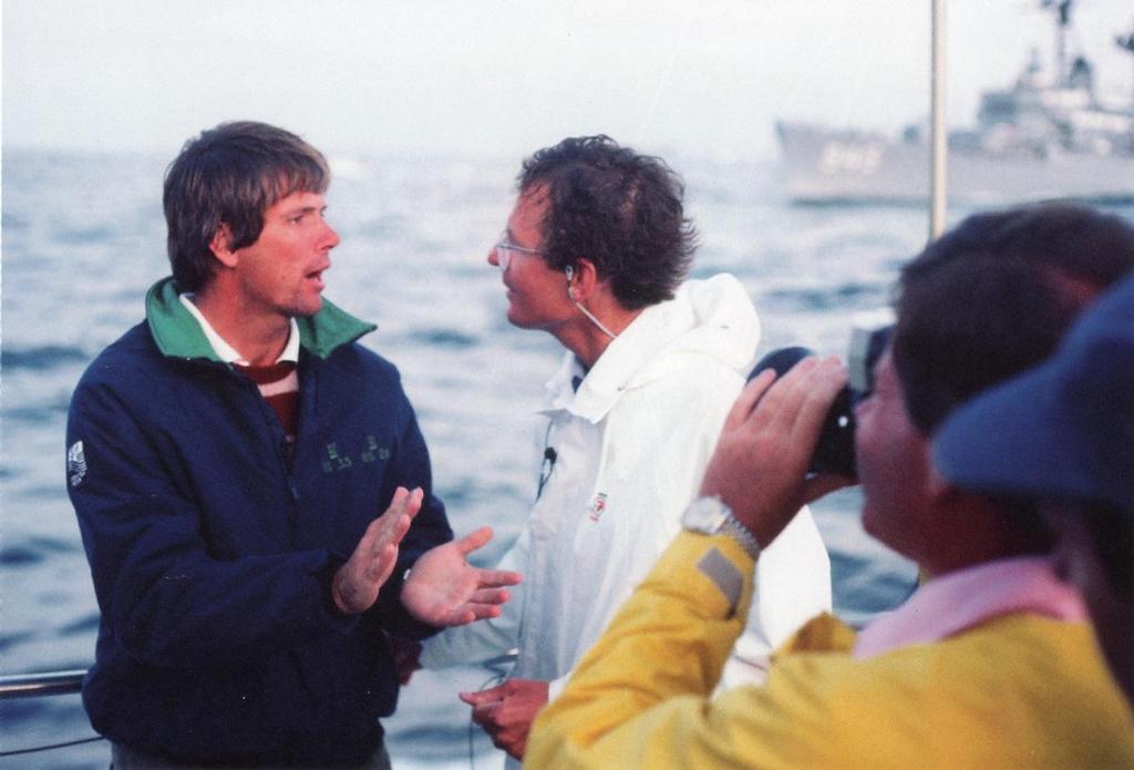 Australian reporter, Bruce Stannard (right) calls on Gary Jobson to explain tactics and strategy © Maritime Productions LLC http://www.maritimeproductions.tv/