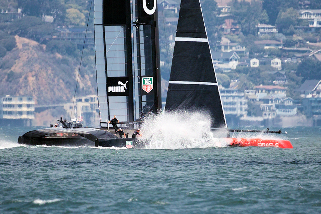 Oracle slams down after a failed foil-to-foil gybe attempt. - America’s Cup © Chuck Lantz http://www.ChuckLantz.com