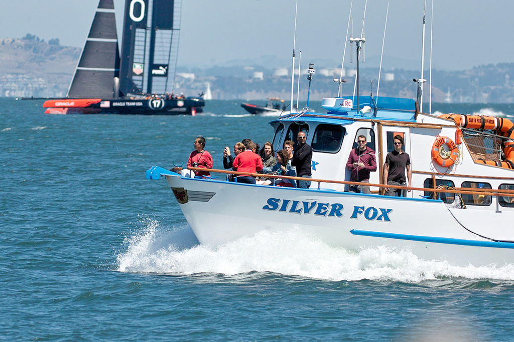 A boat worth multi-millions of dollars behind them, and these folks are staring at ... a harbor seal.  - America's Cup photo copyright Chuck Lantz http://www.ChuckLantz.com taken at  and featuring the  class