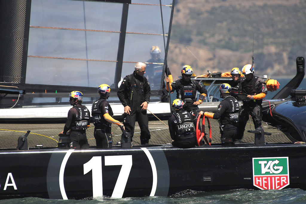 Before practice, the Oracle team goes over the details. - America’s Cup © Chuck Lantz http://www.ChuckLantz.com