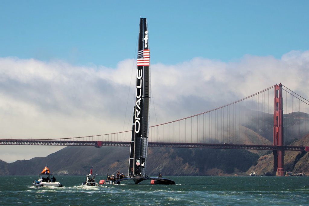 Oracle pauses to have her picture taken with a local landmark.  - America’s Cup © Chuck Lantz http://www.ChuckLantz.com