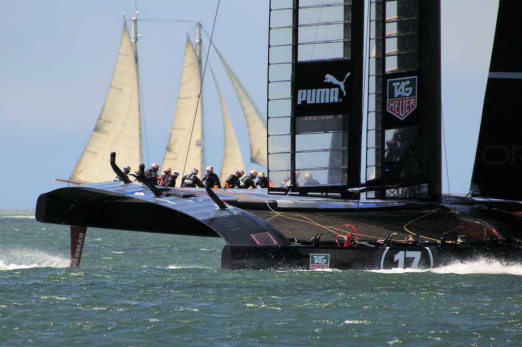 Another Oracle photo op, with Troy Sears' replica of the yacht America - America's Cup photo copyright Chuck Lantz http://www.ChuckLantz.com taken at  and featuring the  class