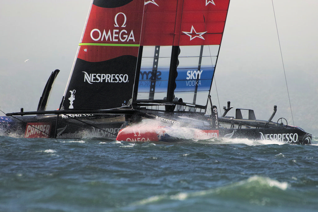 One of two new three-sided box shapes can be seen on the rear crossover. - America’s Cup © Chuck Lantz http://www.ChuckLantz.com