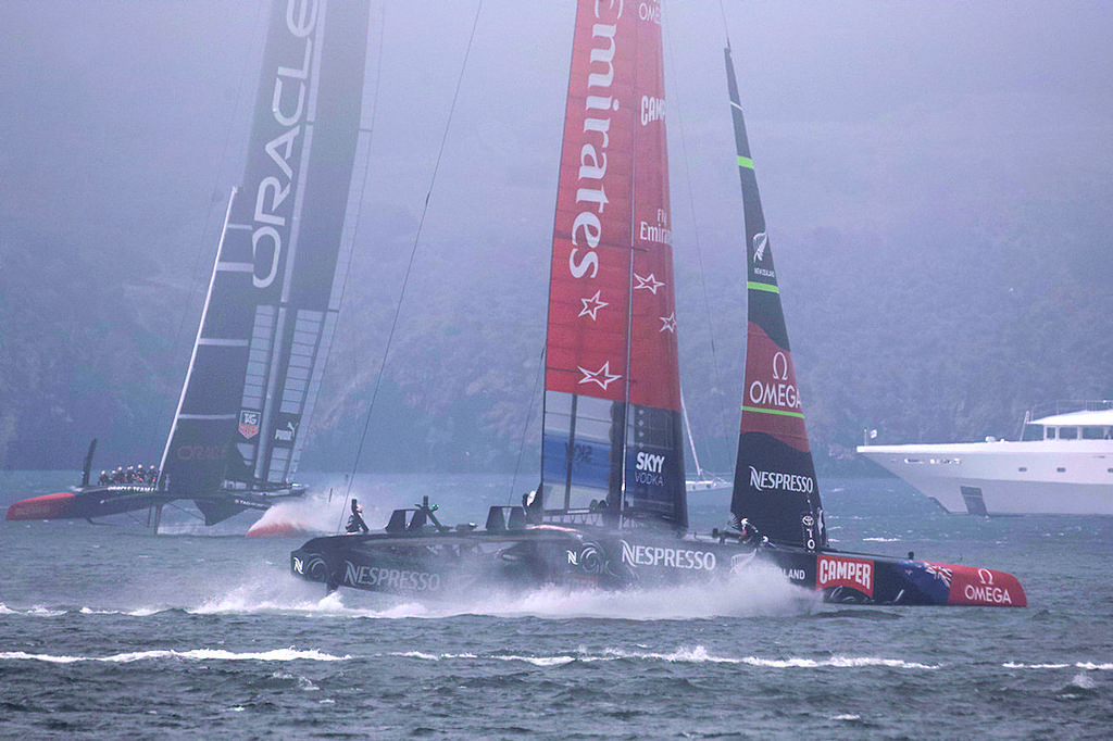 Emirates Team NZ in the spray - America&rsquo;s Cup, day 2 photo copyright Chuck Lantz http://www.ChuckLantz.com taken at  and featuring the  class