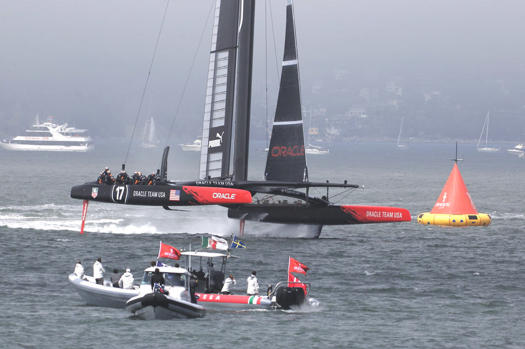 Luna Rossa support boat watches Oracle in the finals.  - America's Cup photo copyright Chuck Lantz http://www.ChuckLantz.com taken at  and featuring the  class