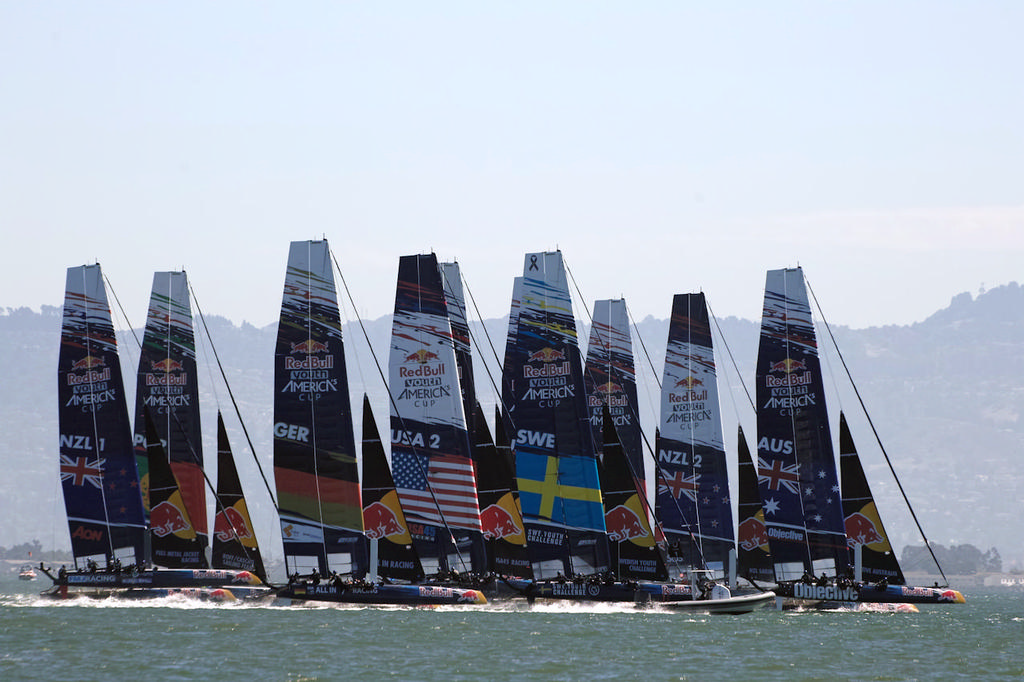 A tight pack at the start of race five, the first of two races for the day.  - Red Bull Youth AC photo copyright Chuck Lantz http://www.ChuckLantz.com taken at  and featuring the  class