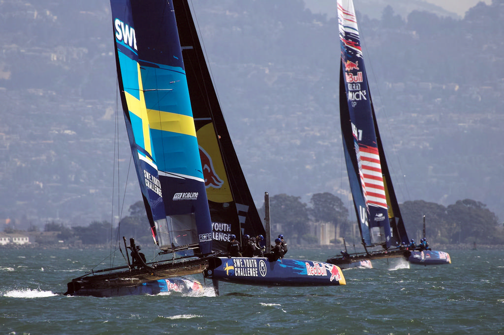 USA 1 leads the Swedish team boat. - Red Bull Youth AC © Chuck Lantz http://www.ChuckLantz.com