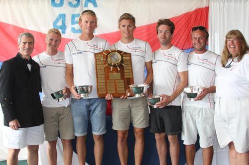 Nicolai Sehested, TRE-FOR Match Racing (DEN) has won the 2013 Manhasset Bay Yacht Club’s Knickerbocker Cup.  The team is seen here with Commodore William Cornachio and Event Chair and PRO, Sue Miller. © 2013 Andrea Watson/Manhasset Bay Yacht Club