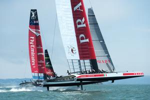 Emirates Team New Zealand lead around the first mark against Luna Rossa Challenge (ITA). Race three of the Louis Vuitton Cup finals. 19/8/2013 photo copyright Chris Cameron/ETNZ http://www.chriscameron.co.nz taken at  and featuring the  class