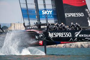 Emirates Team New Zealand rounds the first mark in race five on day four of Louis Vuitton Cup final against Luna Rossa Challenge. 21/8/2013. photo copyright Chris Cameron/ETNZ http://www.chriscameron.co.nz taken at  and featuring the  class