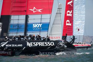 Emirates Team New Zealand leads Luna Rossa Challenge up the beat in race five on day four of Louis Vuitton Cup finals . 21/8/2013. photo copyright Chris Cameron/ETNZ http://www.chriscameron.co.nz taken at  and featuring the  class